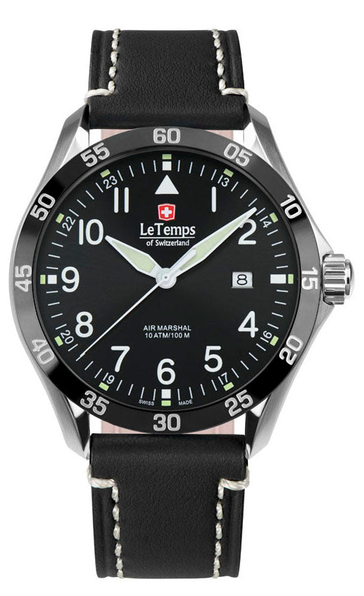Air Marshal 43 Unisex Uhr mit schwarzem Lederarmband – Saphirglas
