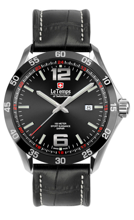 Sport Elegance Gent 43 Herrenuhr mit schwarzem Lederarmband – Saphirglas