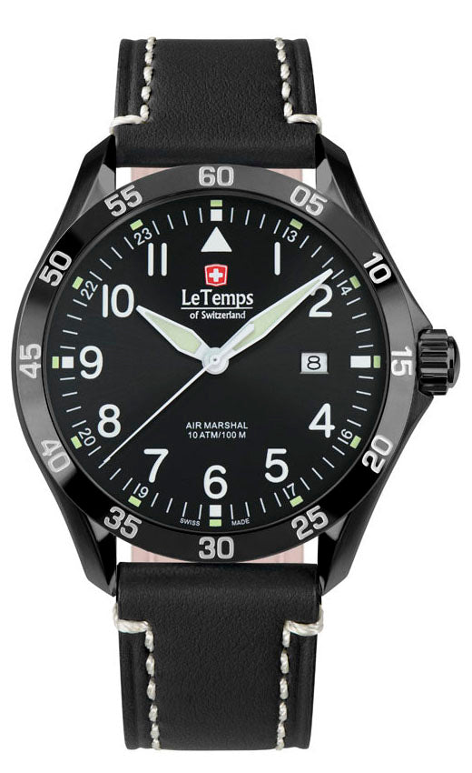 Air Marshal 43 Unisex Uhr mit schwarzem Lederarmband – Saphirglas