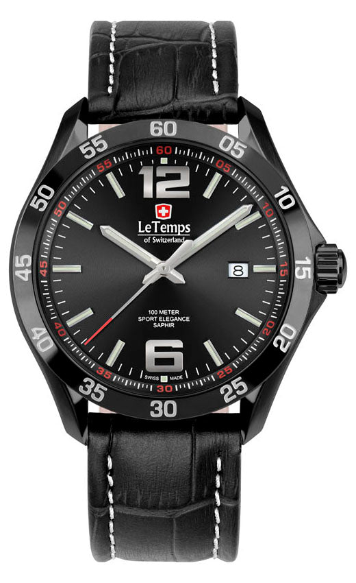 Sport Elegance Gent 43 Herrenuhr mit schwarzem Lederarmband – Saphirglas