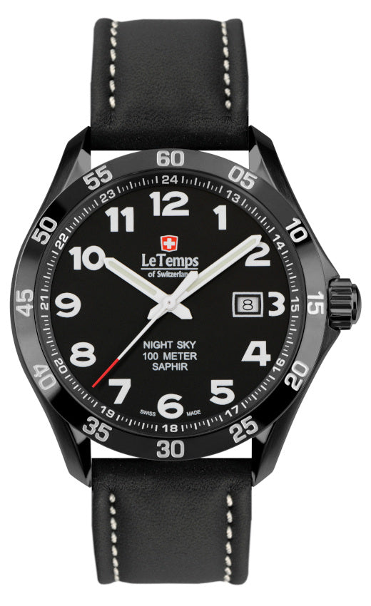 Sport Elegance Gent 43 Herrenuhr mit schwarzem Lederarmband – Saphirglas
