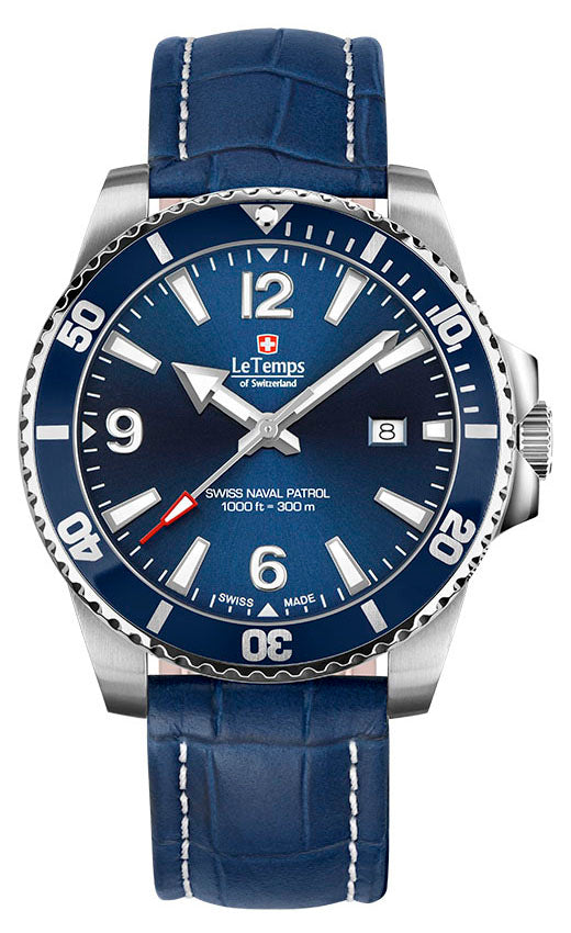 Swiss Naval Patrol Diver Unisex Uhr mit dunkelblauem Lederarmband