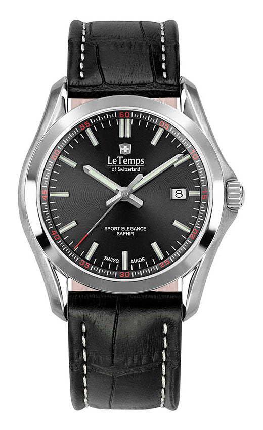 Sport Elegance Gent Herrenuhr mit schwarzem Lederarmband – Saphirglas