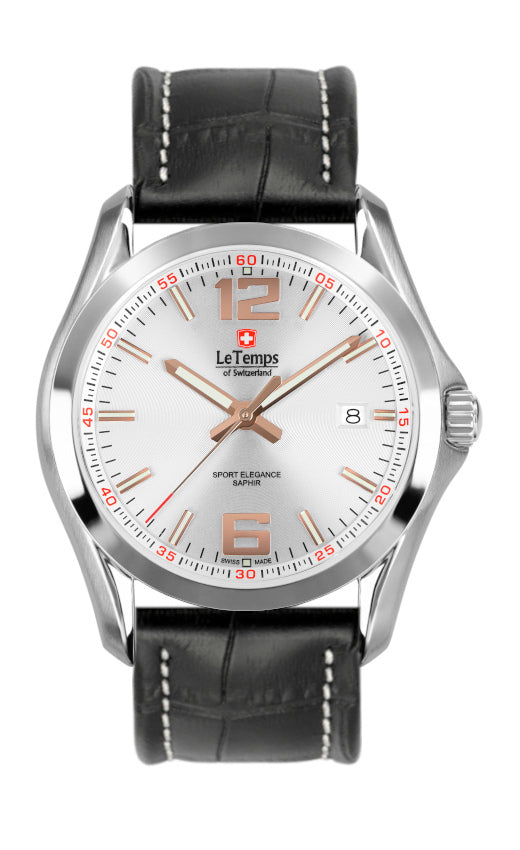 Sport Elegance Gent Herrenuhr mit silbernem Lederarmband – Saphirglas