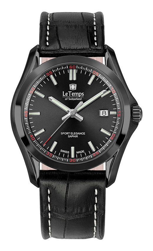 Sport Elegance Gent Herrenuhr mit schwarzem Lederarmband – Saphirglas