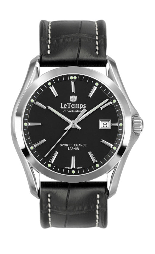 Sport Elegance Gent Herrenuhr mit schwarzem Lederarmband – Saphirglas