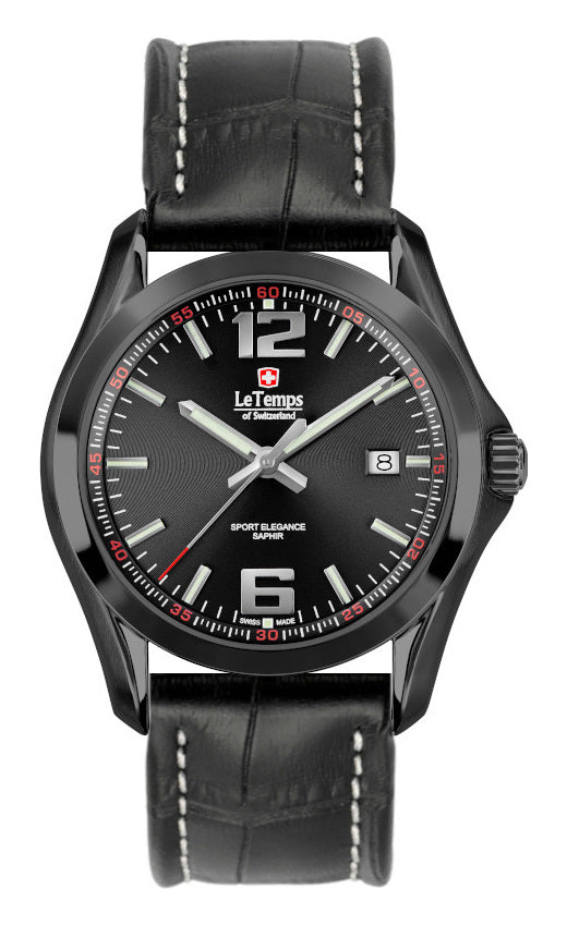 Sport Elegance Gent Herrenuhr mit schwarzem Lederarmband – Saphirglas