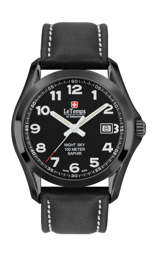 Sport Elegance Gent Herrenuhr mit schwarzem Lederarmband – Saphirglas