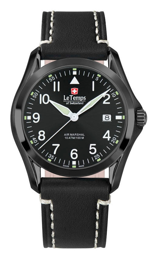 Air Marshal 40 Unisex Uhr mit schwarzem Lederarmband – Saphirglas
