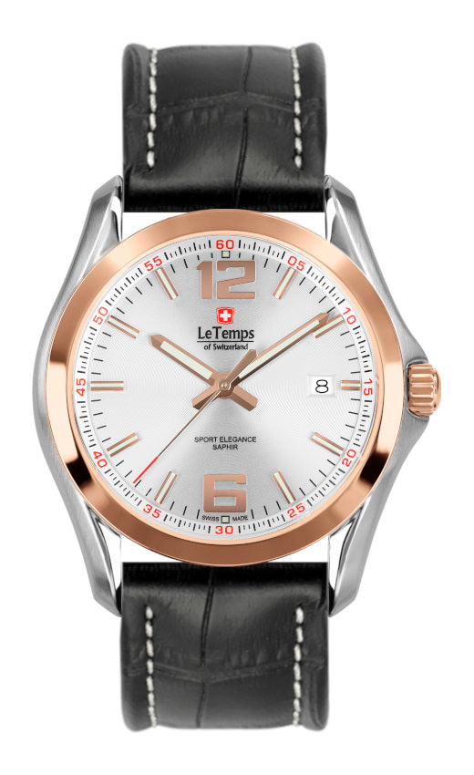 Sport Elegance Gent Herrenuhr mit schwarzem Lederarmband – Saphirglas