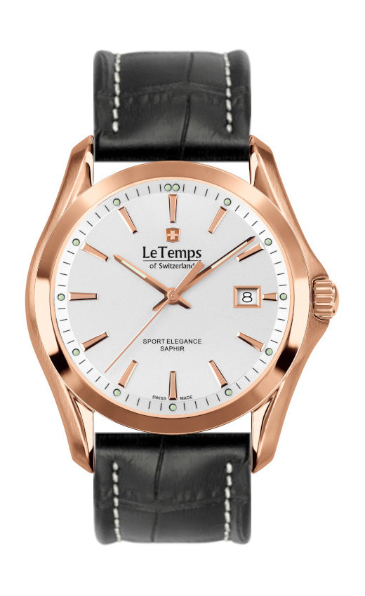 Sport Elegance Gent Herrenuhr mit roségoldenem Lederarmband – Saphirglas