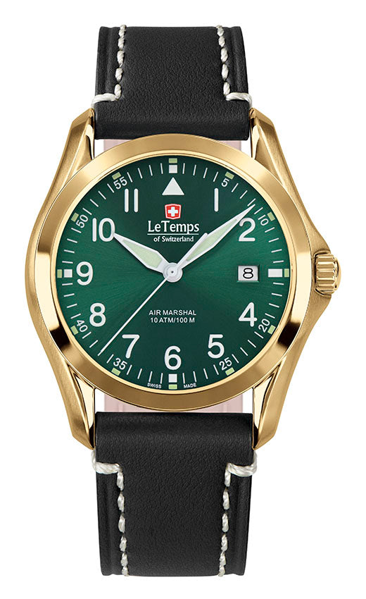 Air Marshal 40 Unisex Uhr mit vergoldetem Lederarmband – Saphirglas