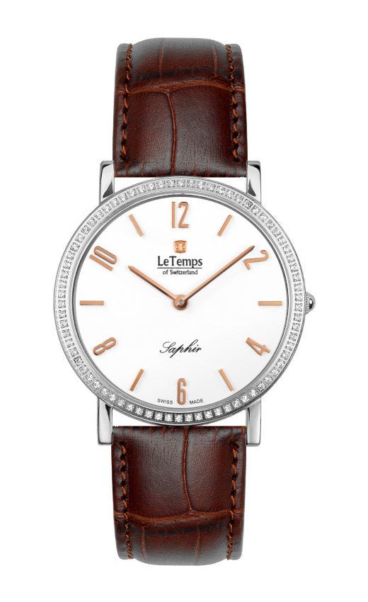 Zafira Slim Swarovski Unisex Uhr mit braunem Lederarmband – Saphirglas