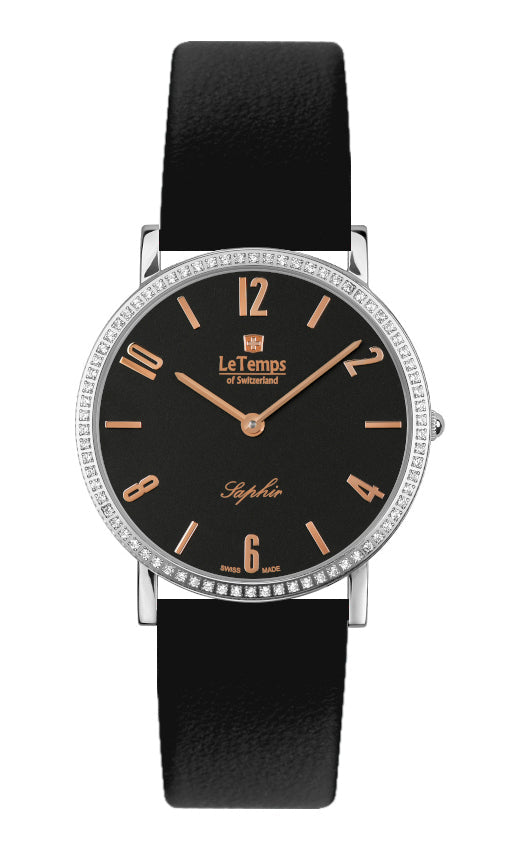 Zafira Slim Swarovski Unisex Uhr mit schwarzem Lederarmband – Saphirglas