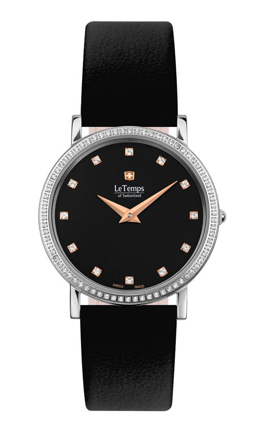 Zafira Slim Swarovski Unisex Uhr mit schwarzem Lederarmband – Saphirglas