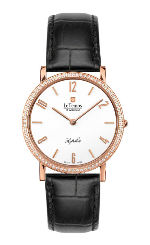 Zafira Slim Swarovski Unisex Uhr mit schwarzem Lederarmband – Saphirglas