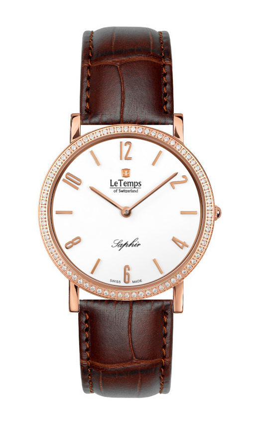 Zafira Slim Swarovski Unisex Uhr mit braunem Lederarmband – Saphirglas