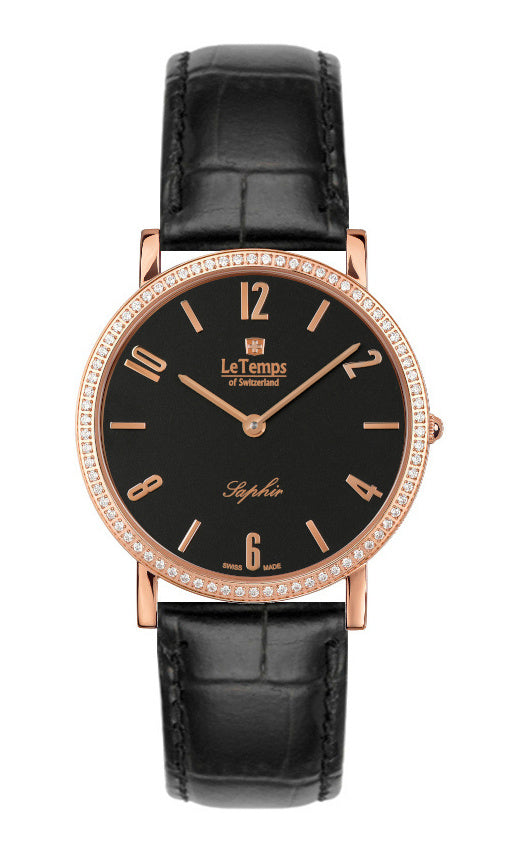Zafira Slim Swarovski Unisex Uhr mit schwarzem Lederarmband – Saphirglas