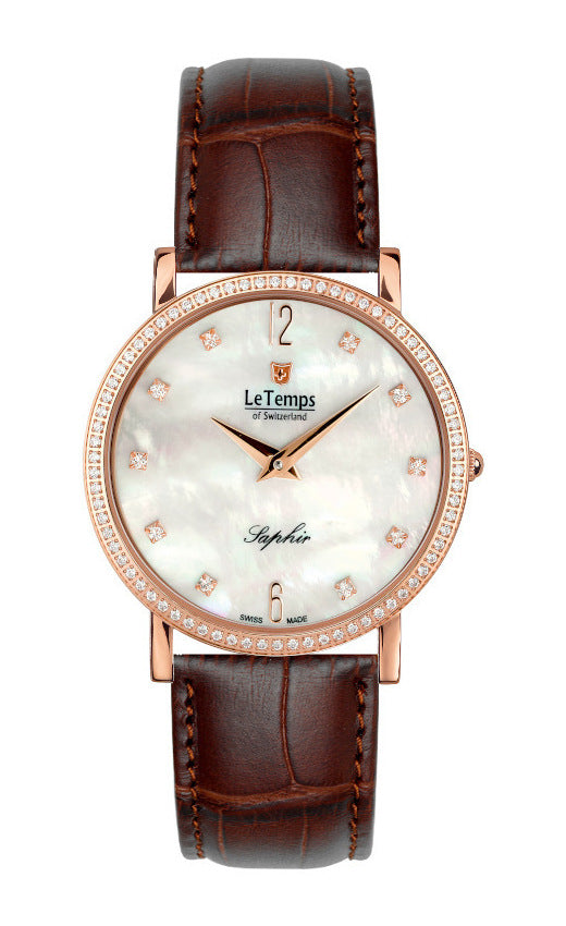 Zafira Slim Swarovski Unisex Uhr mit braunem Lederarmband – Saphirglas