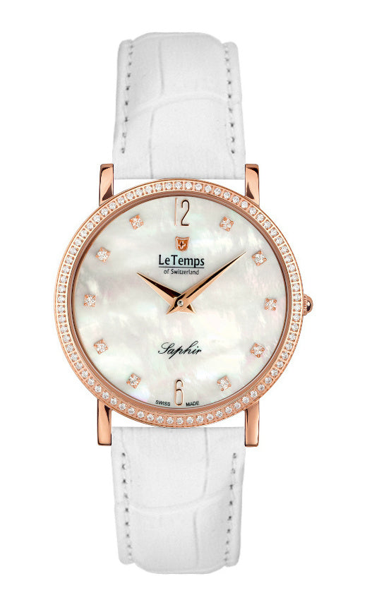 Zafira Slim Swarovski Unisex Uhr mit weißem Lederarmband – Saphirglas