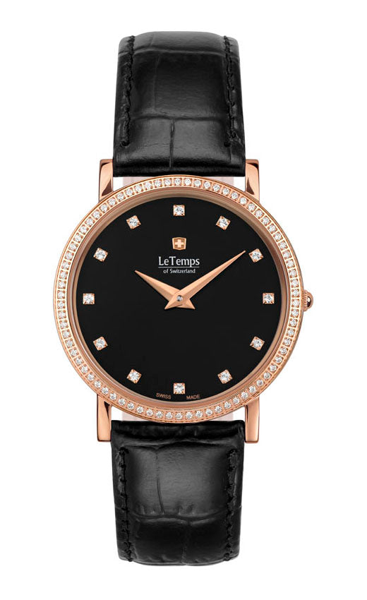 Zafira Slim Swarovski Unisex Uhr mit schwarzem Lederarmband – Saphirglas