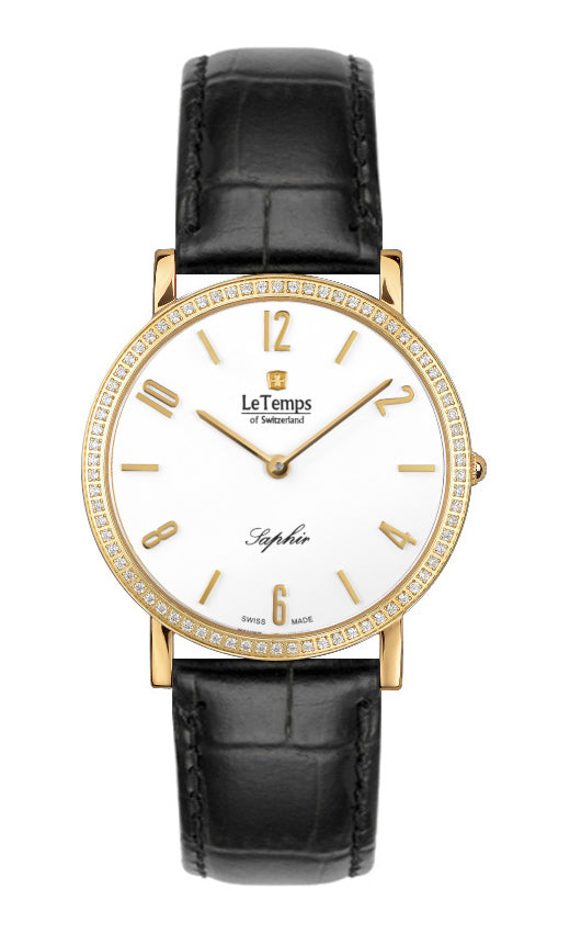 Zafira Slim Swarovski Unisex Uhr mit schwarzem Lederarmband – Saphirglas