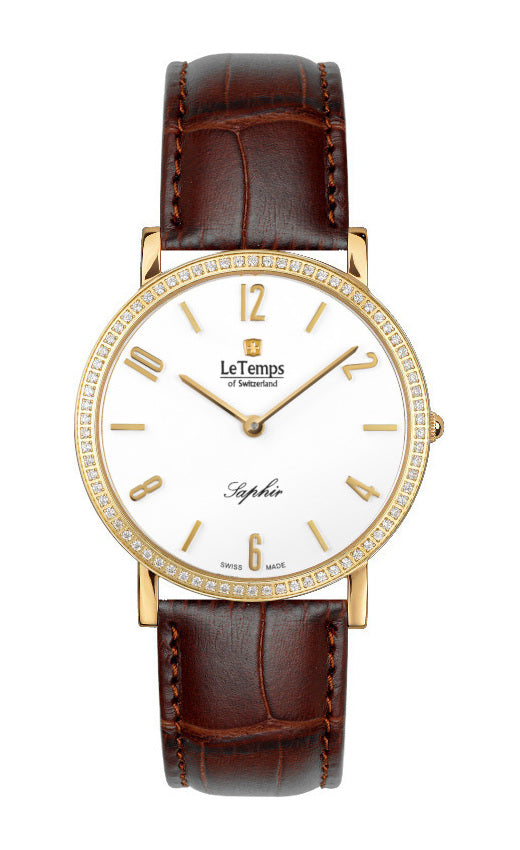 Zafira Slim Swarovski Unisex Uhr mit braunem Lederarmband – Saphirglas