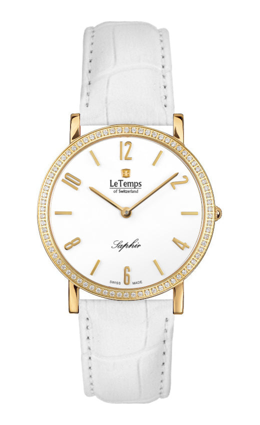 Zafira Slim Swarovski Unisex Uhr mit weißem Lederarmband – Saphirglas