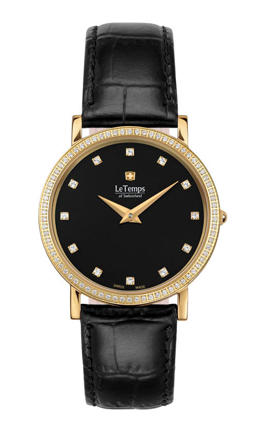 Zafira Slim Swarovski Unisex Uhr mit schwarzem Lederarmband – Saphirglas