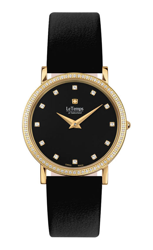 Zafira Slim Swarovski Unisex Uhr mit schwarzem Lederarmband – Saphirglas