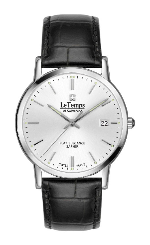 Flat Elegance Gent Herrenuhr mit schwarzem Lederarmband – Saphirglas