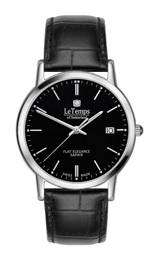 Flat Elegance Gent Herrenuhr mit schwarzem Lederarmband – Saphirglas