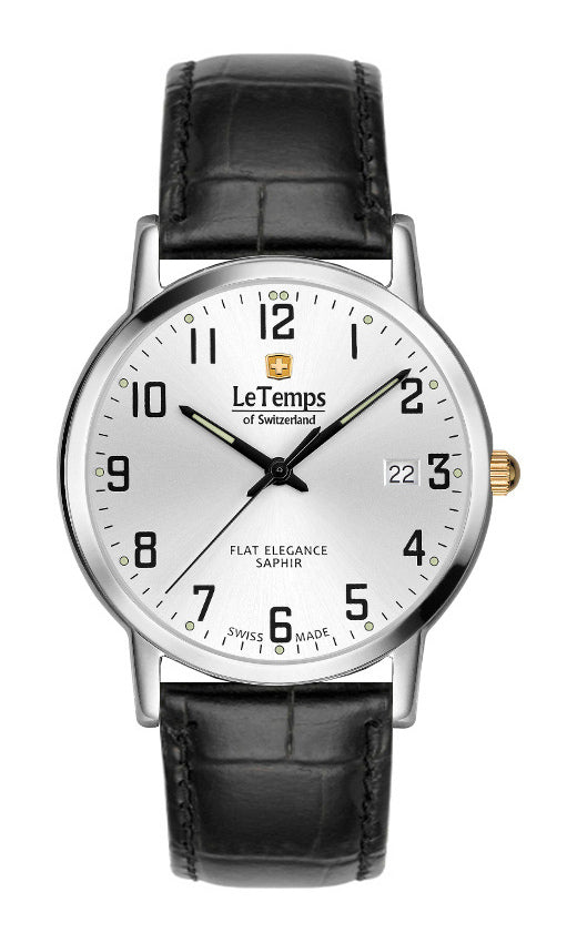 Flat Elegance Gent Herrenuhr mit schwarzem Lederarmband – Saphirglas