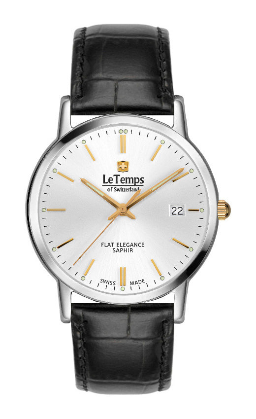 Flat Elegance Gent Herrenuhr mit schwarzem Lederarmband – Saphirglas