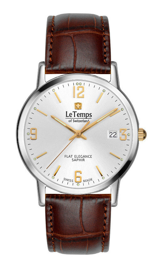 Flat Elegance Gent Herrenuhr mit braunem Lederarmband – Saphirglas