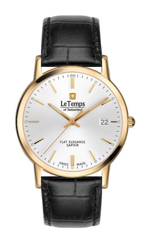 Flat Elegance Gent Herrenuhr mit schwarzem Lederarmband – Saphirglas