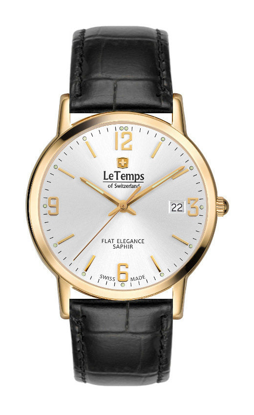 Flat Elegance Gent Herrenuhr mit schwarzem Lederarmband – Saphirglas