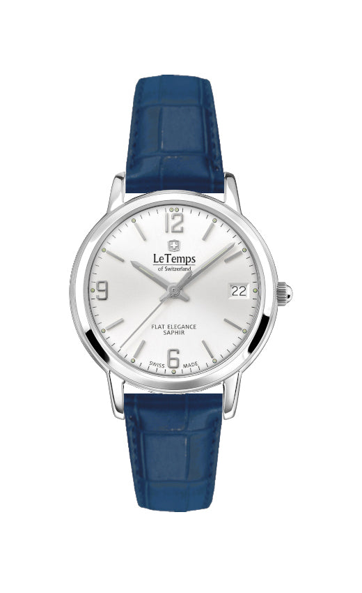 Flat Elegance Lady Damenuhr mit blauem Lederarmband – Saphirglas