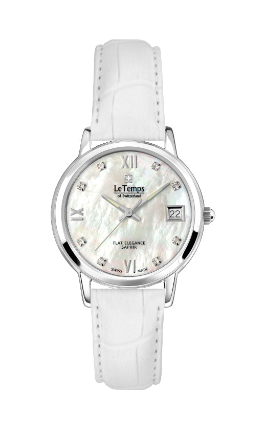 Flat Elegance Lady Damenuhr mit weißem Lederarmband – Saphirglas