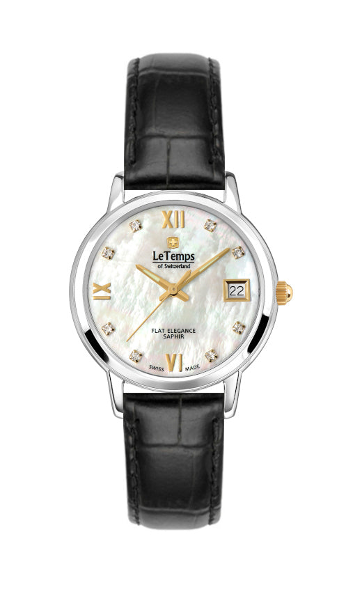Flat Elegance Lady Damenuhr mit schwarzem Lederarmband – Saphirglas