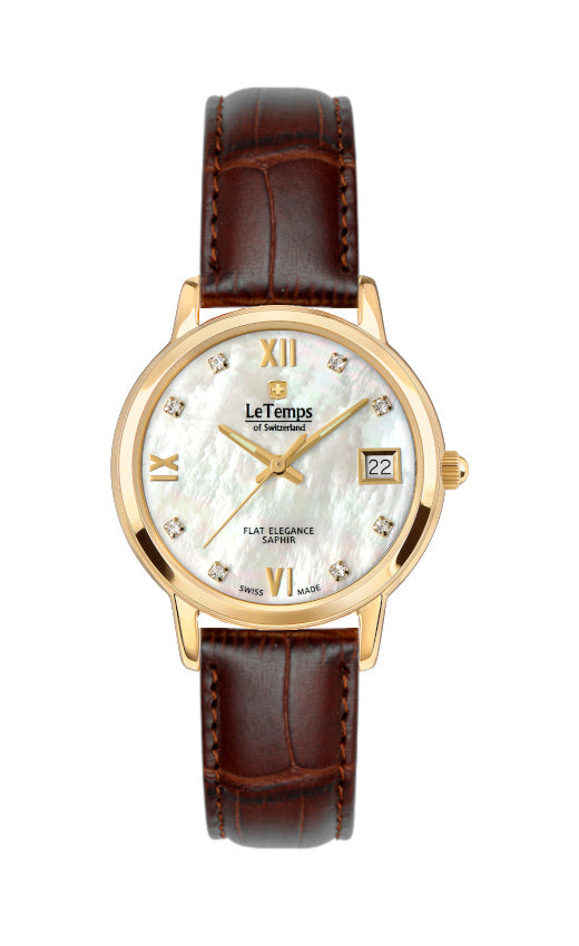 Flat Elegance Lady Damenuhr mit braunem Lederarmband – Saphirglas
