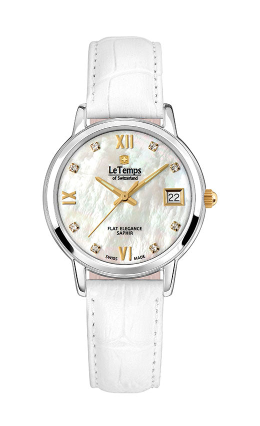 Flat Elegance Lady Damenuhr mit weißem Lederarmband – Saphirglas
