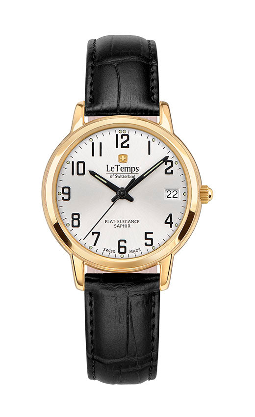 Flat Elegance Lady Damenuhr mit schwarzem Lederarmband – Saphirglas