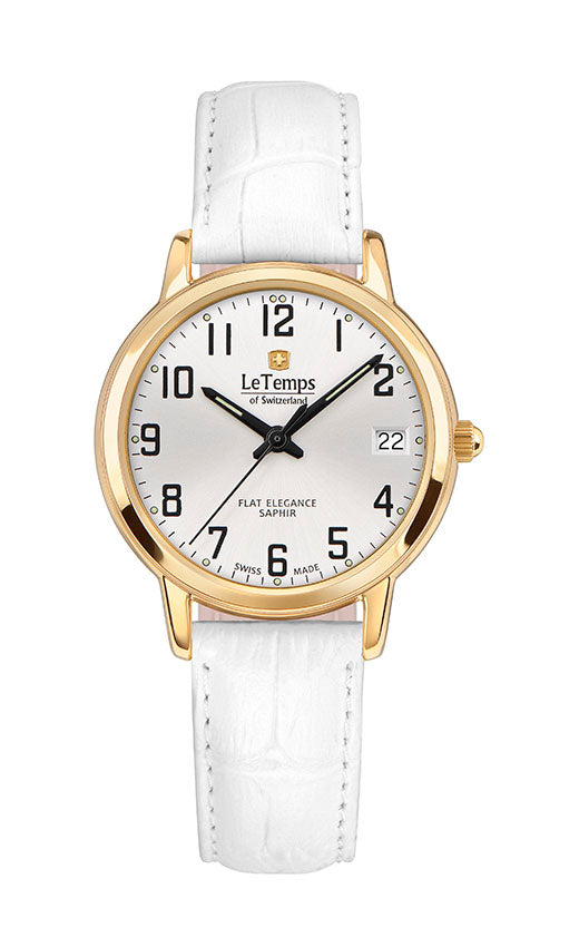 Flat Elegance Lady Damenuhr mit weißem Lederarmband – Saphirglas