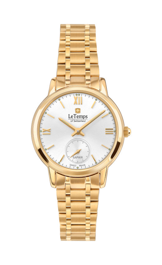 Flat Elegance Lady Damenuhr mit vergoldetem Edelstahlarmband – Saphirglas