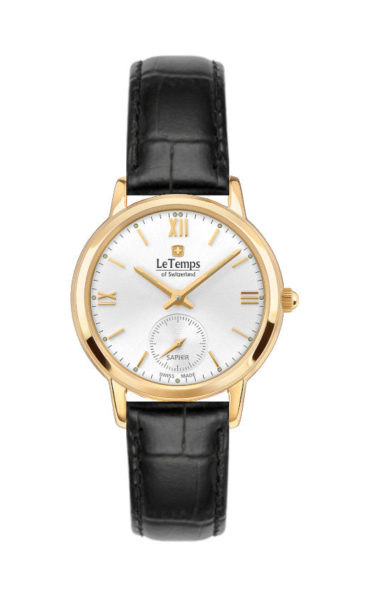 Flat Elegance Lady Damenuhr mit schwarzem Lederarmband – Saphirglas