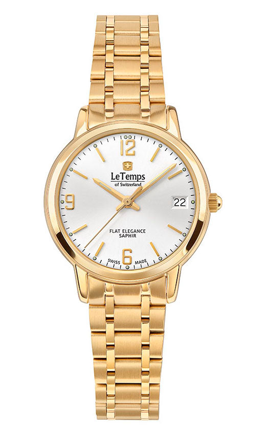 Flat Elegance Lady Damenuhr mit vergoldetem Edelstahlarmband – Saphirglas