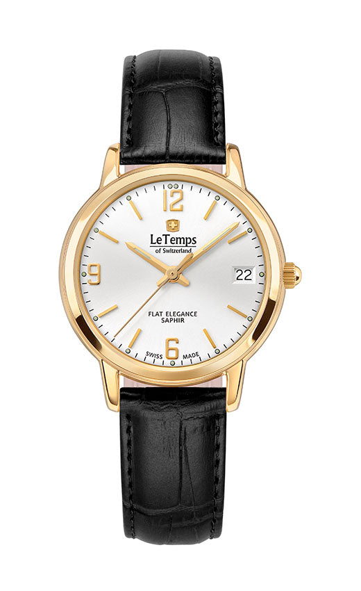 Flat Elegance Lady Damenuhr mit schwarzem Lederarmband – Saphirglas