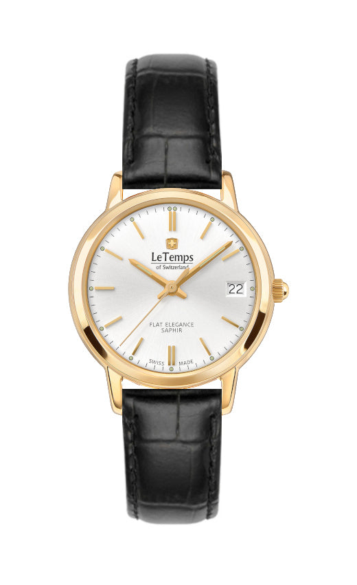 Flat Elegance Lady Damenuhr mit schwarzem Lederarmband – Saphirglas