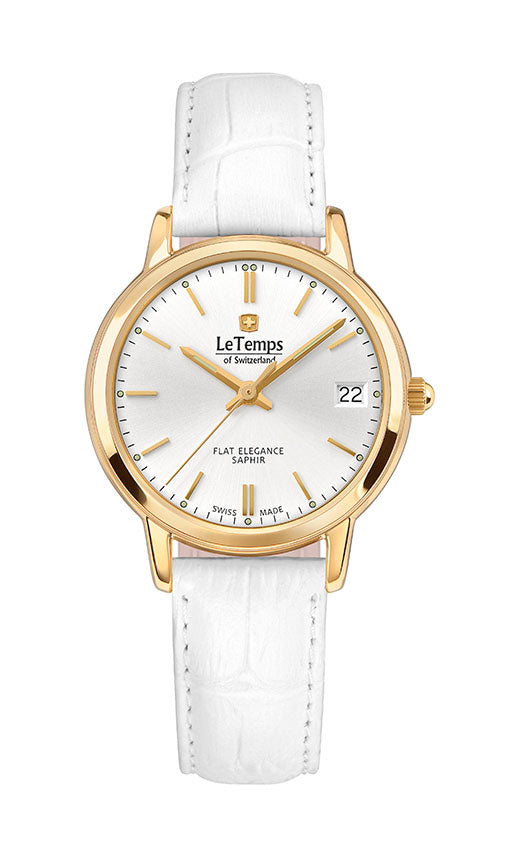Flat Elegance Lady Damenuhr mit weißem Lederarmband – Saphirglas
